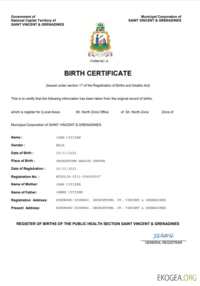 Acte d'état civil de Saint Vincent et les Grenadines, modèle Word et PDF